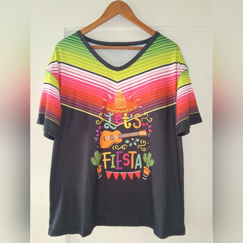 🎉 “Let’s Fiesta” Colorblock Graphic Top – XXL – Southwestern Stripes🌵